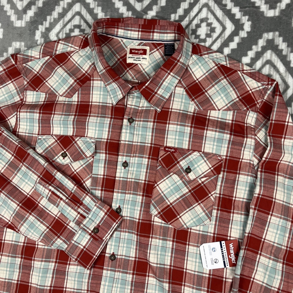 WRANGLER‎ Shirt Men's Size 3XL Button Up Long Sleeve Plaid Red White Western NWT